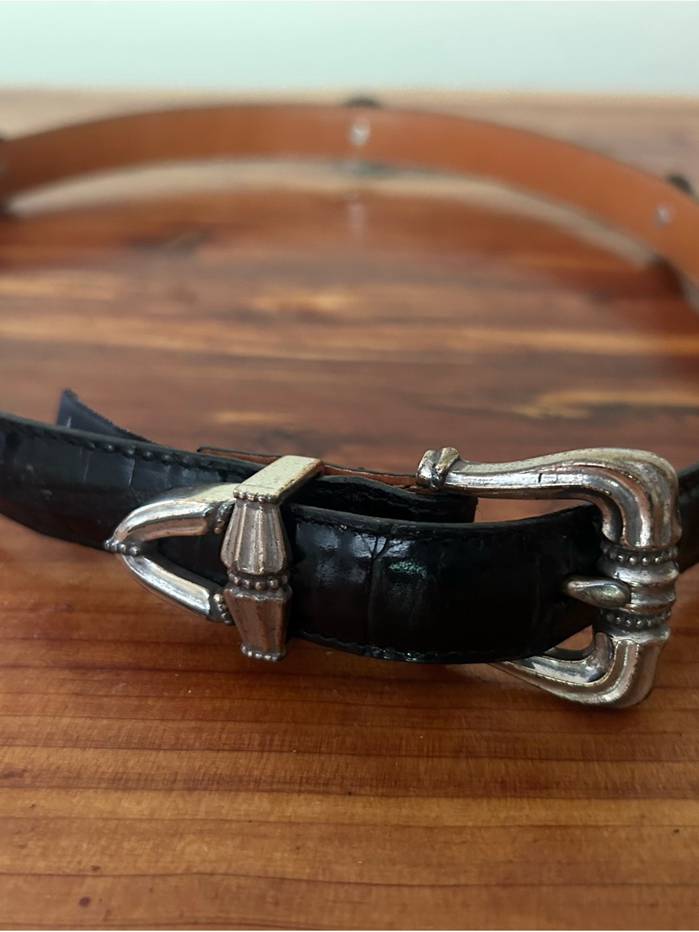 Brighton Black Leather Belt with Ornate Silver Buckle